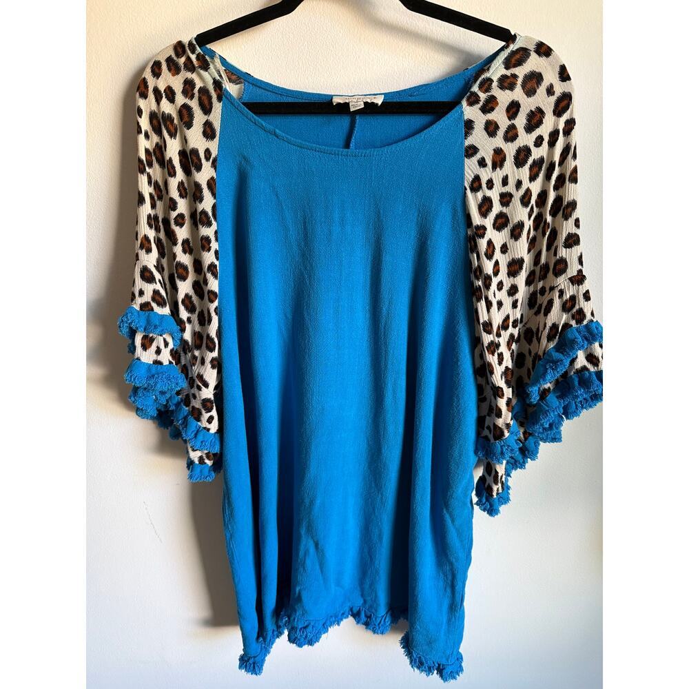 Umgee Linen Leopard Ruffle Sleeve Tunic Top Boho Coastal Cowgirl XL - Picture 6 of 8